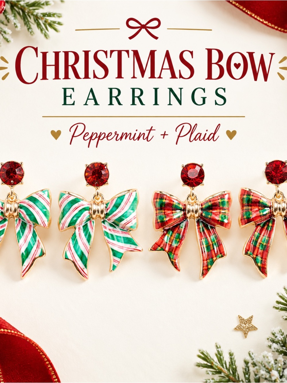 Christmas Bow Earrings Holiday Plaid Peppermint Statement Drop Earrings